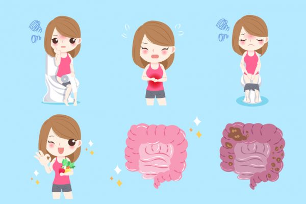 woman with constipation on the blue background